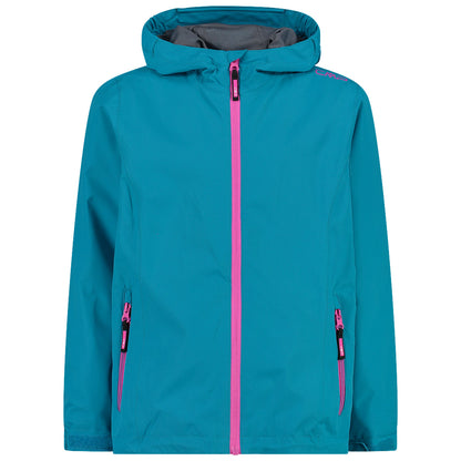 A bright teal jacket features a zippered front and a hood with pink accents and zippers on the sides suitable for outdoor activities in cool weather.