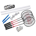 A set of badminton equipment includes three rackets two white poles a net shuttlecocks two blue pegs and string laid out on a flat surface ready for setup and play