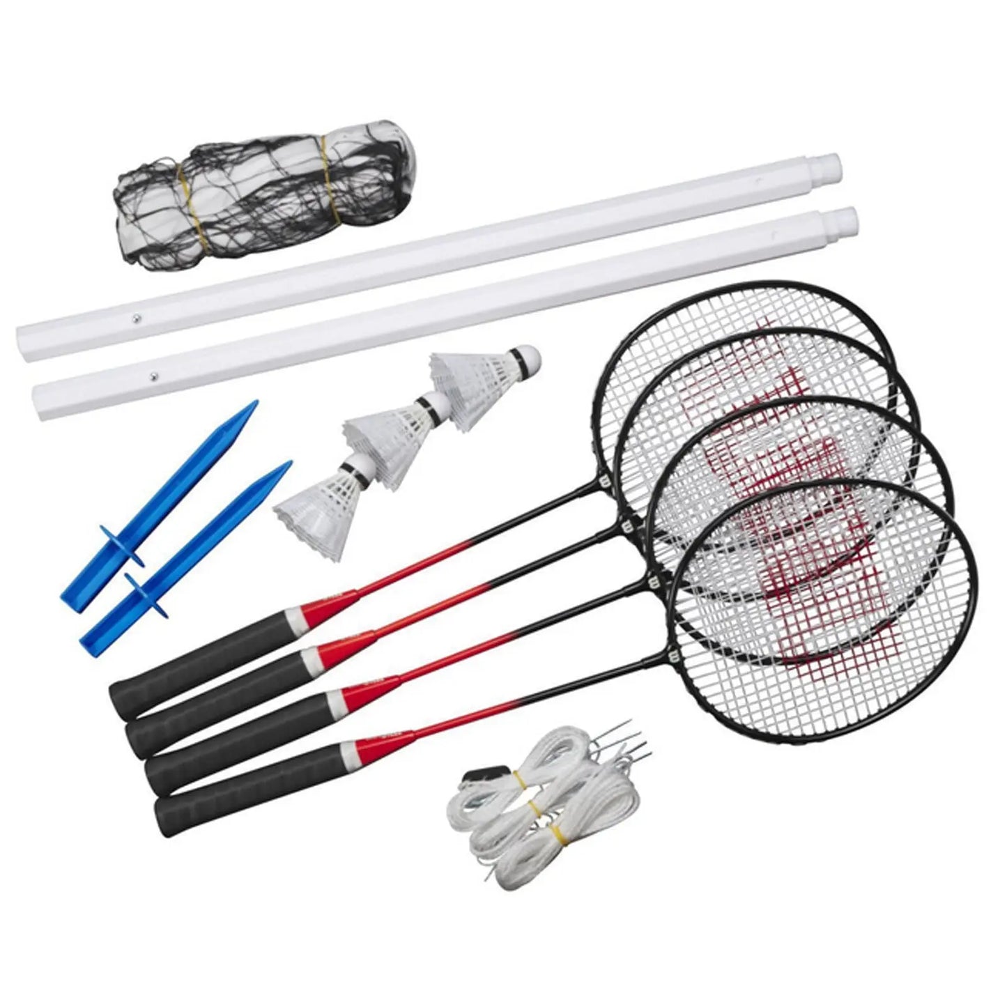 A set of badminton equipment includes three rackets two white poles a net shuttlecocks two blue pegs and string laid out on a flat surface ready for setup and play