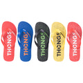Colorful flip-flops in red, blue, black, yellow, and red display the word “THONGS” prominently on their straps and soles arranged side by side on a neutral background.