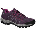 Purple and gray hiking shoe sits on a flat surface featuring a textured sole for grip showcasing a mix of mesh and synthetic materials with pink accents and laces designed for outdoor activities.