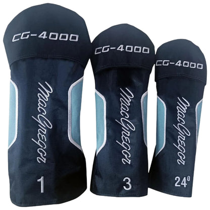 Three golf club headcovers sit vertically, labeled with the numbers 1, 3, and 24 degrees. Each cover is black with light blue accents and displays the name MacGregor.