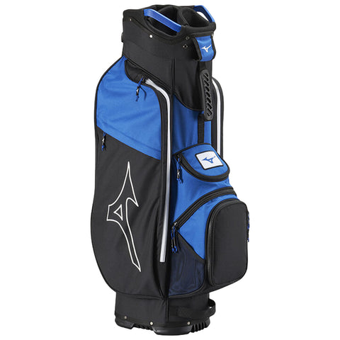 A golf bag stands upright featuring black and blue colors with a large compartment on top and smaller zippered pockets on the side designed to hold golf clubs and accessories.