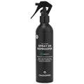 A black spray bottle labeled as eco-friendly spray on reproofer sits upright. It is designed to restore water repellency for technical outerwear.