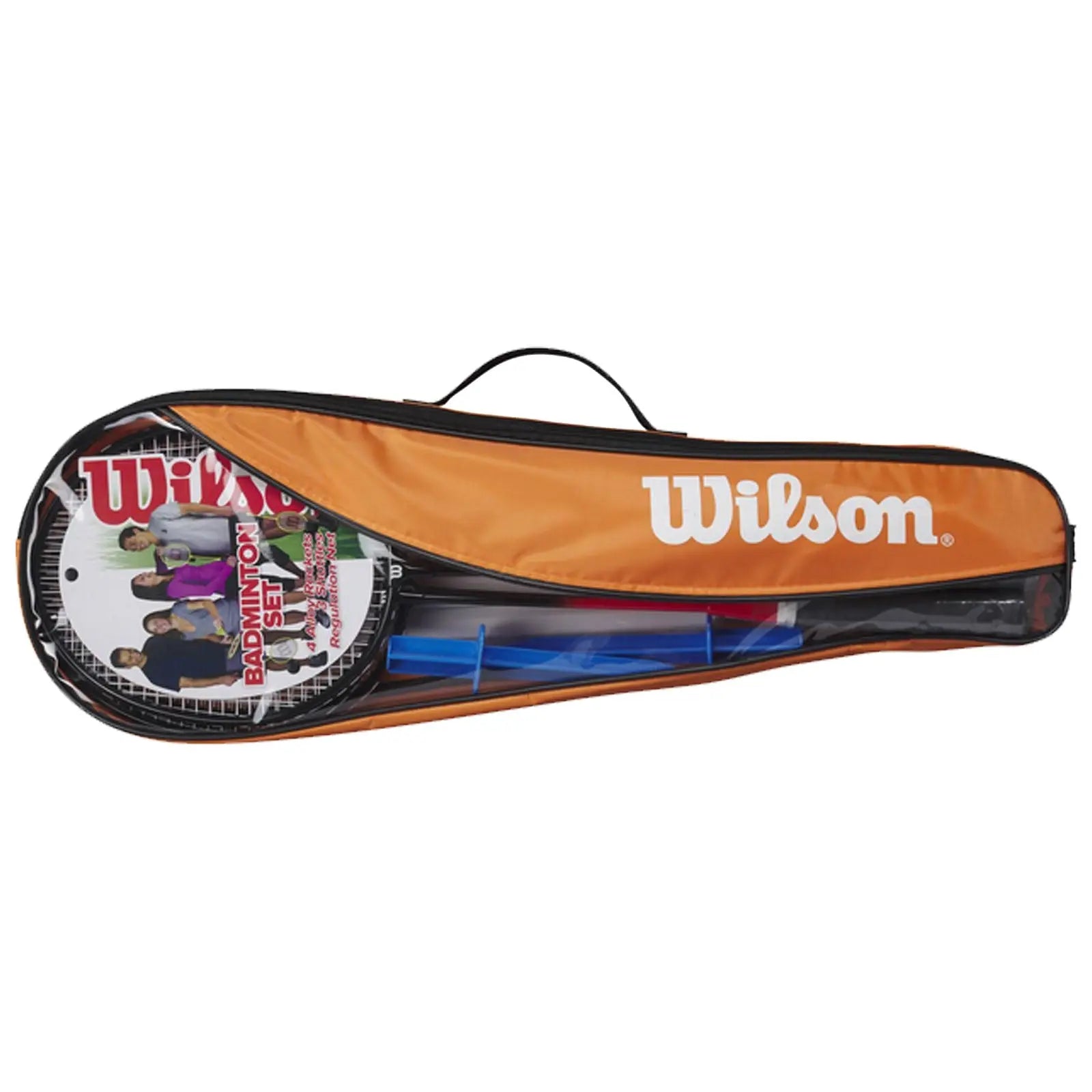 A badminton set is displayed inside an orange carrying case labeled Wilson featuring rackets and shuttlecocks visible through a transparent section with a handle for transport.