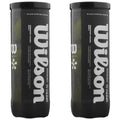 Two cylindrical containers are displayed upright containing padel balls The containers are black with white text that reads Wilson Premier Padel with additional descriptive text on durability and usage