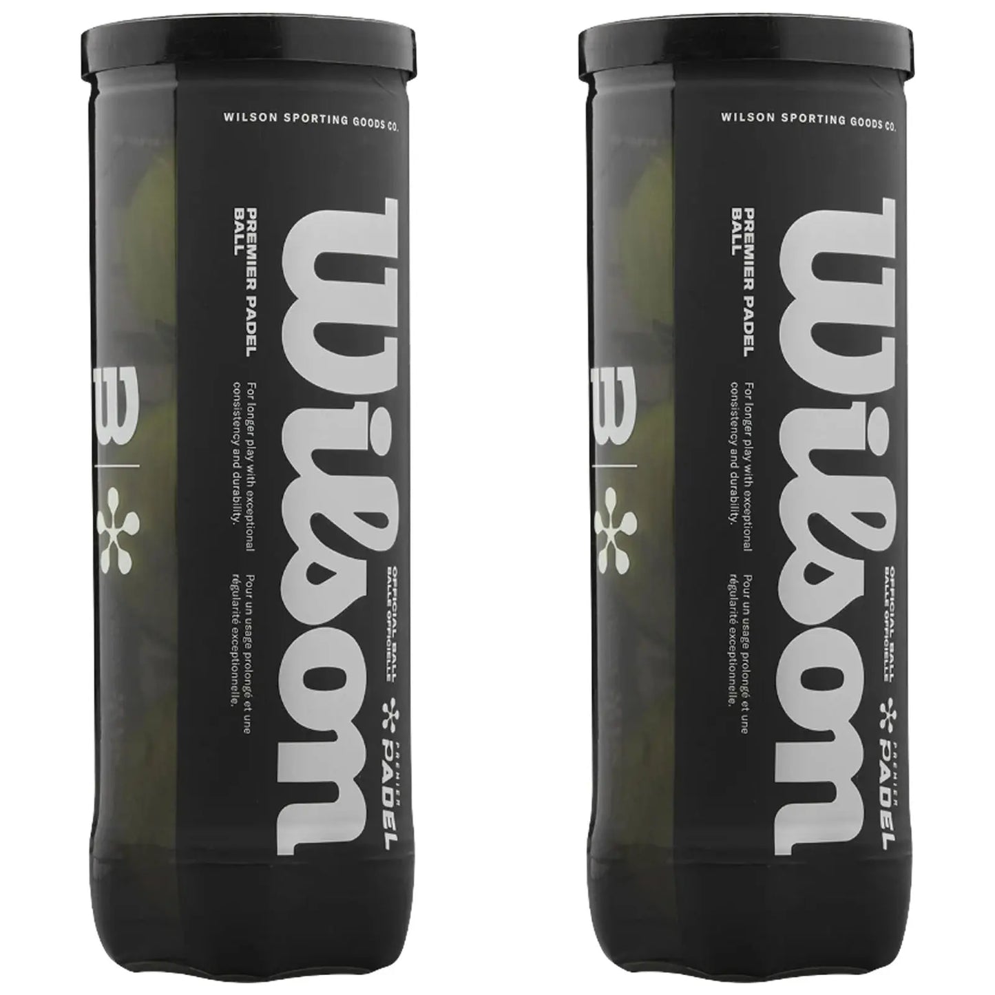 Two cylindrical containers are displayed upright containing padel balls The containers are black with white text that reads Wilson Premier Padel with additional descriptive text on durability and usage