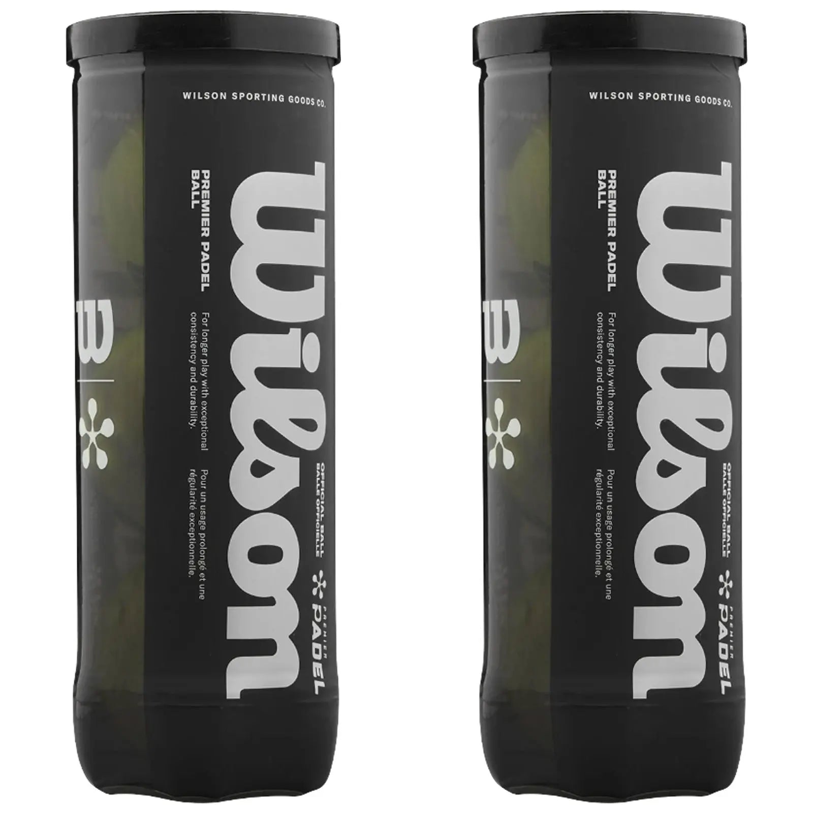 Two cylindrical containers are displayed upright containing padel balls The containers are black with white text that reads Wilson Premier Padel with additional descriptive text on durability and usage