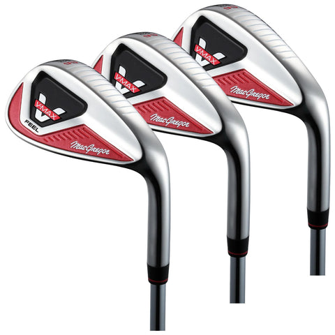 Three golf clubs are aligned closely together showcasing sleek silver heads with red accents designed for performance direct usage on the golf course.