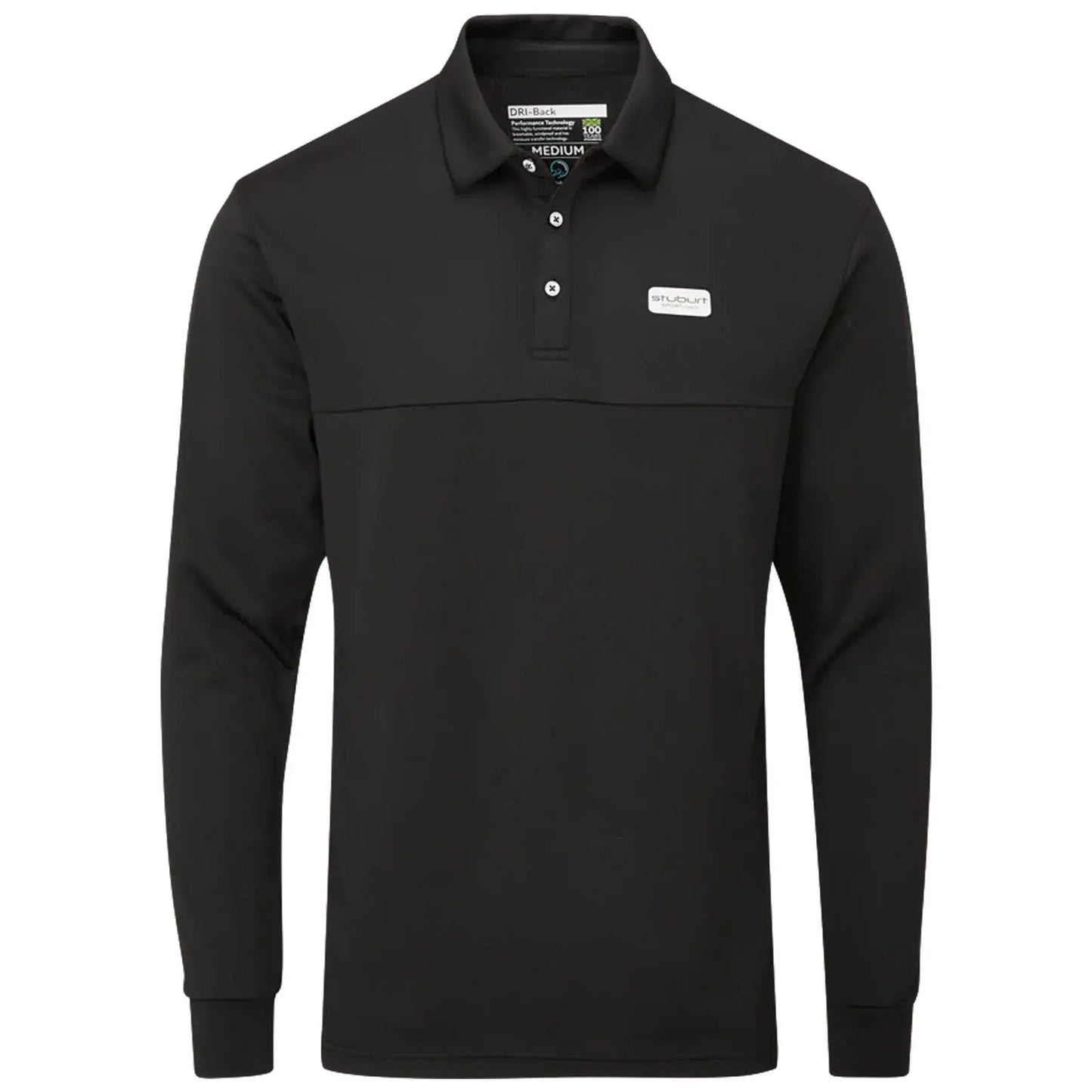 A black long-sleeve polo shirt with a collar and three buttons is displayed against a plain background showcasing its simple design and a small logo on the chest area