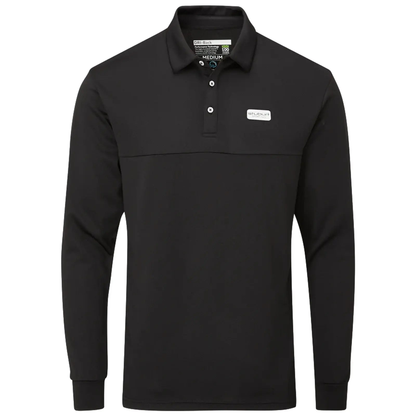 A black long-sleeve polo shirt with a collar and three buttons is displayed against a plain background showcasing its simple design and a small logo on the chest area