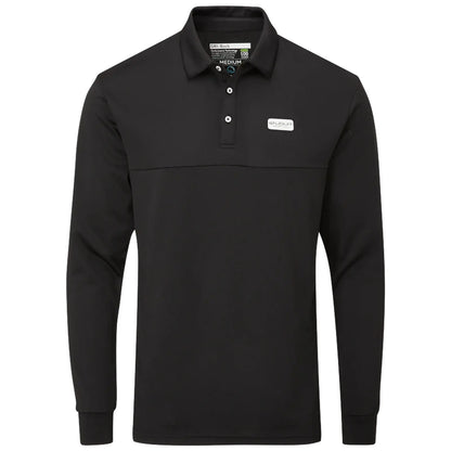 A black long-sleeve polo shirt with a collar and three buttons is displayed against a plain background showcasing its simple design and a small logo on the chest area