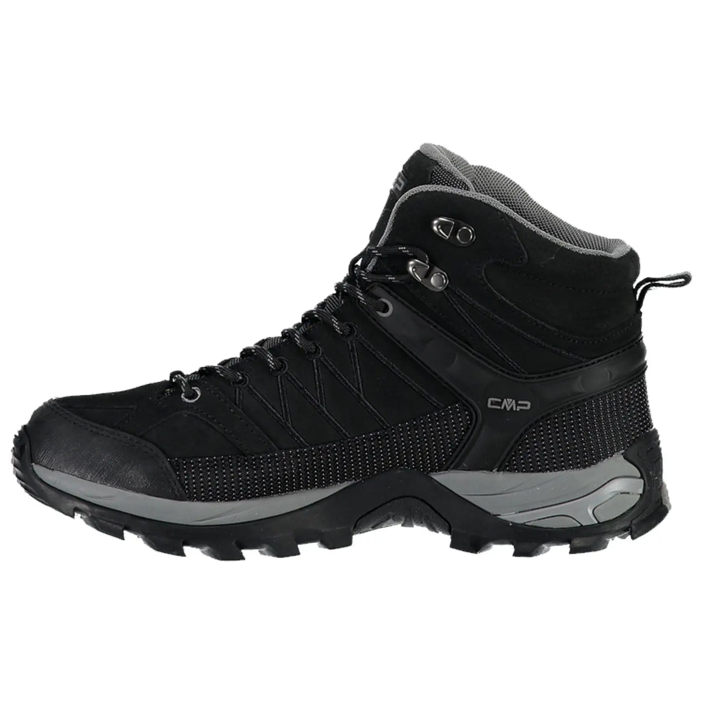 Black hiking boot with a high ankle design features a rugged sole for traction laced up for secure fit positioned against a neutral background suggesting outdoor use.