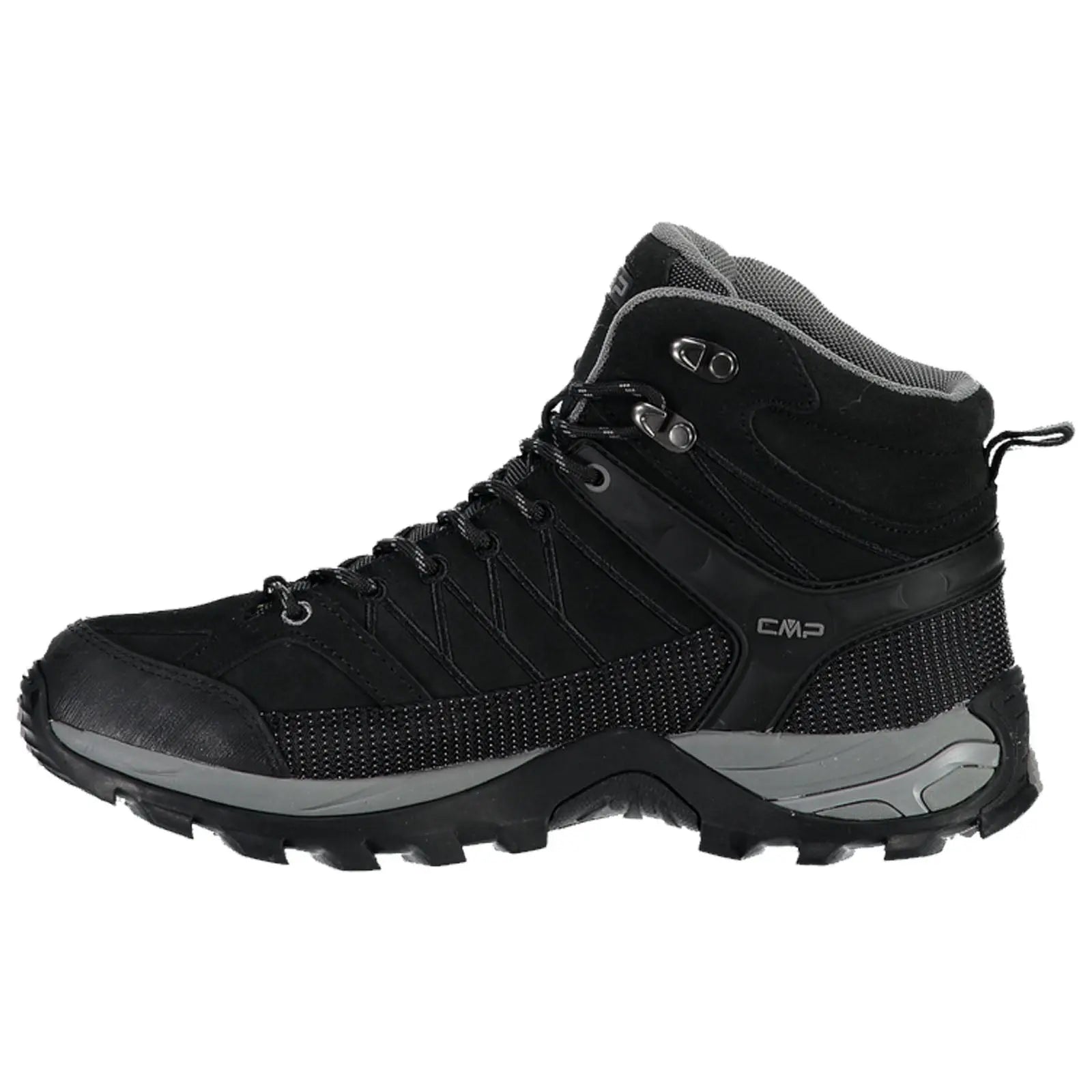 Black hiking boot with a high ankle design features a rugged sole for traction laced up for secure fit positioned against a neutral background suggesting outdoor use.