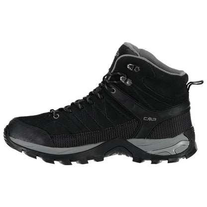 Black hiking boot with a high ankle design features a rugged sole for traction laced up for secure fit positioned against a neutral background suggesting outdoor use.