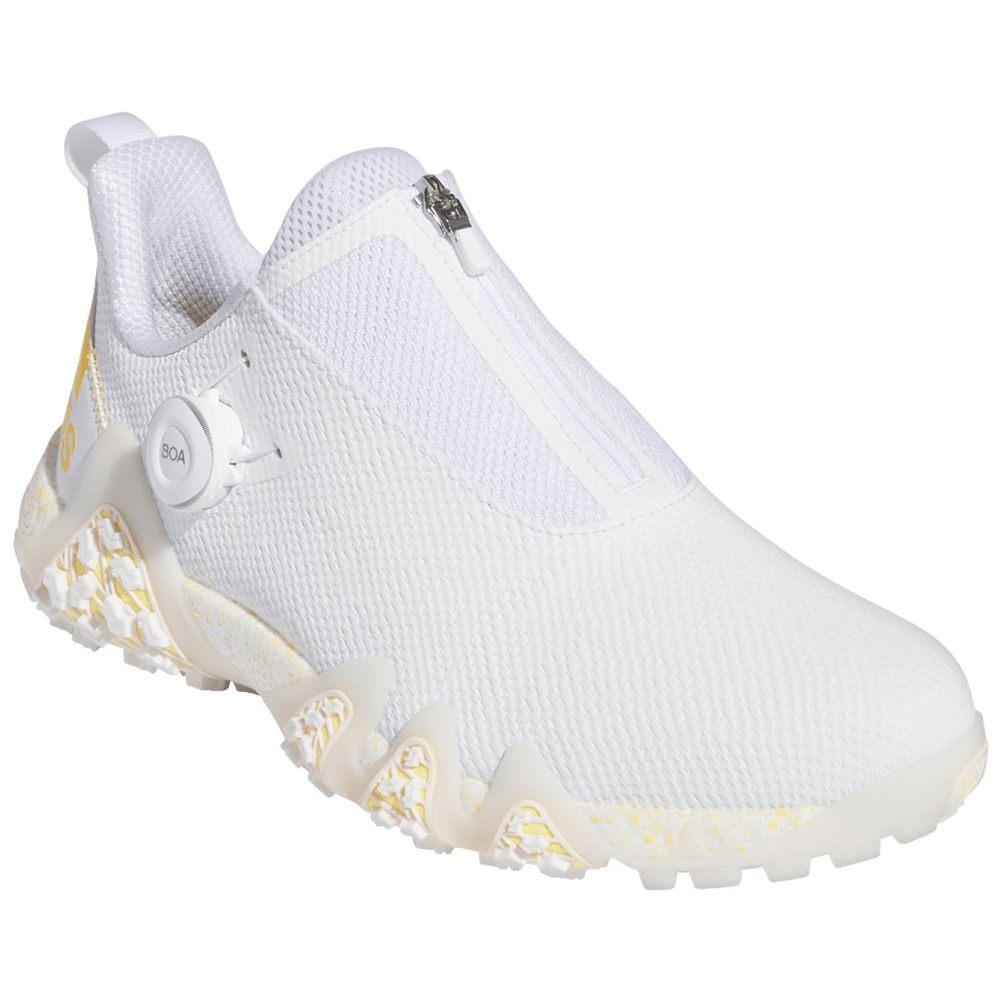 A white athletic shoe features a slip-on design with a zippered closure and a BOA adjustment dial on the side, set against a plain white background.