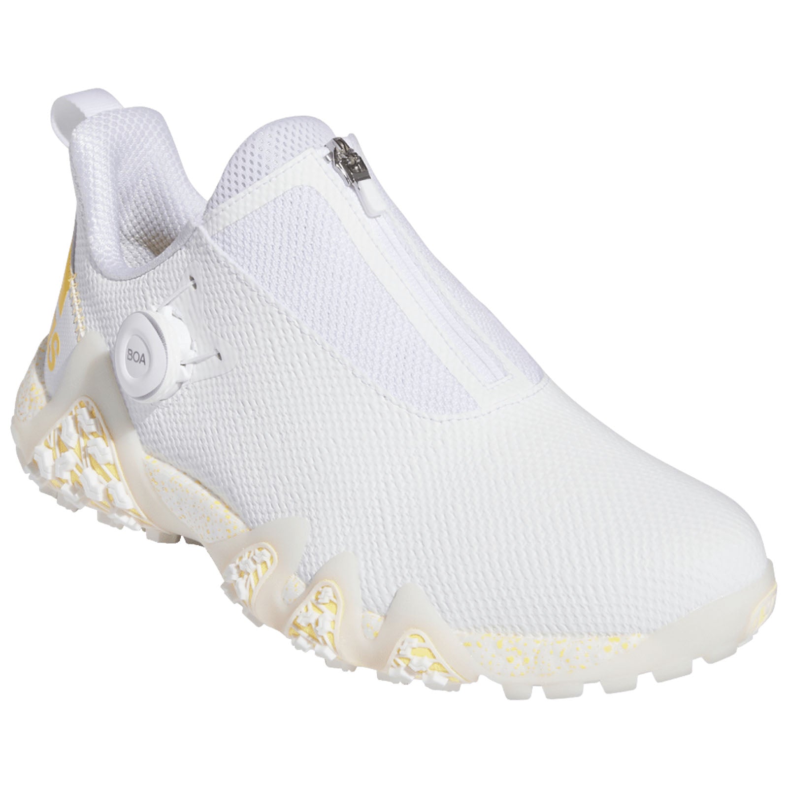 A white athletic shoe features a slip-on design with a zippered closure and a BOA adjustment dial on the side, set against a plain white background.