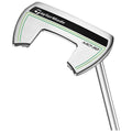 A golf putter with a silver metallic head features a wide shape and an attached sleek handle. It is designed for precision in striking a golf ball on the course.