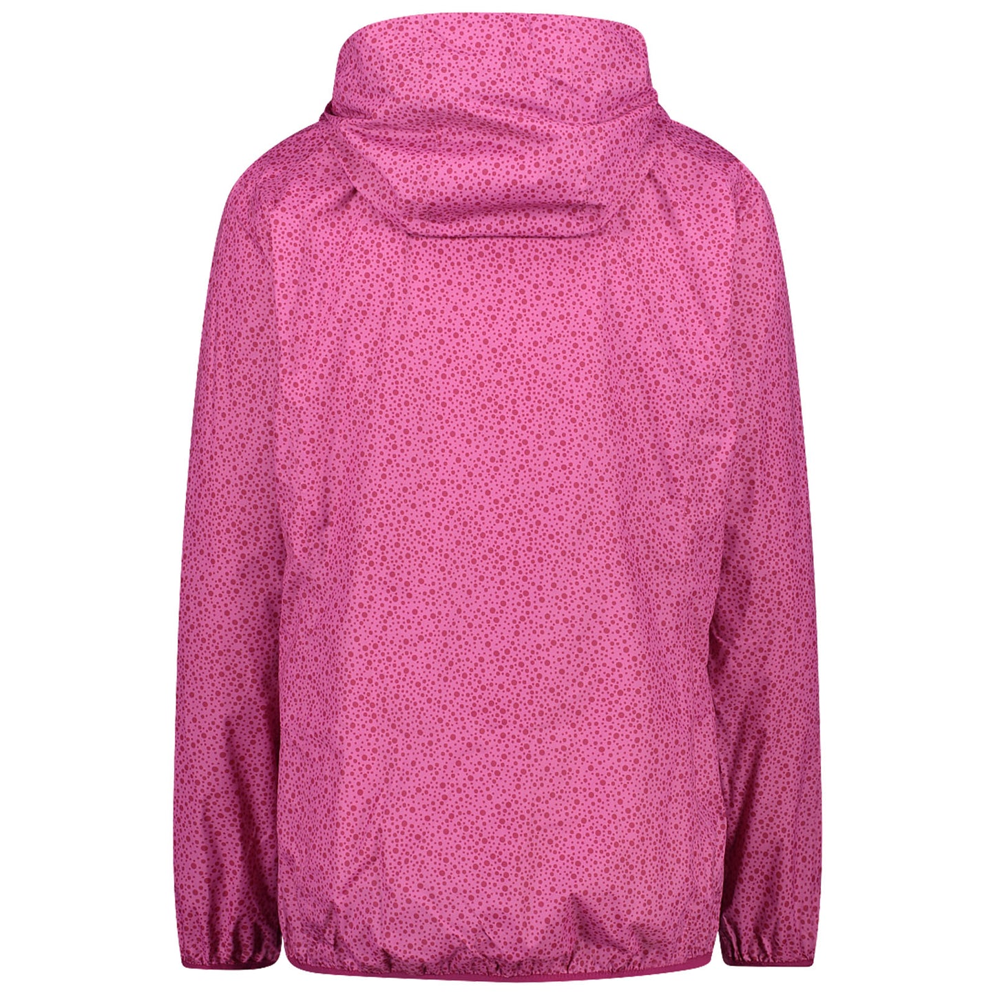 A pink jacket with a hood is displayed from the back featuring a dotted pattern throughout the fabric its sleeves are long and the hem is elasticized