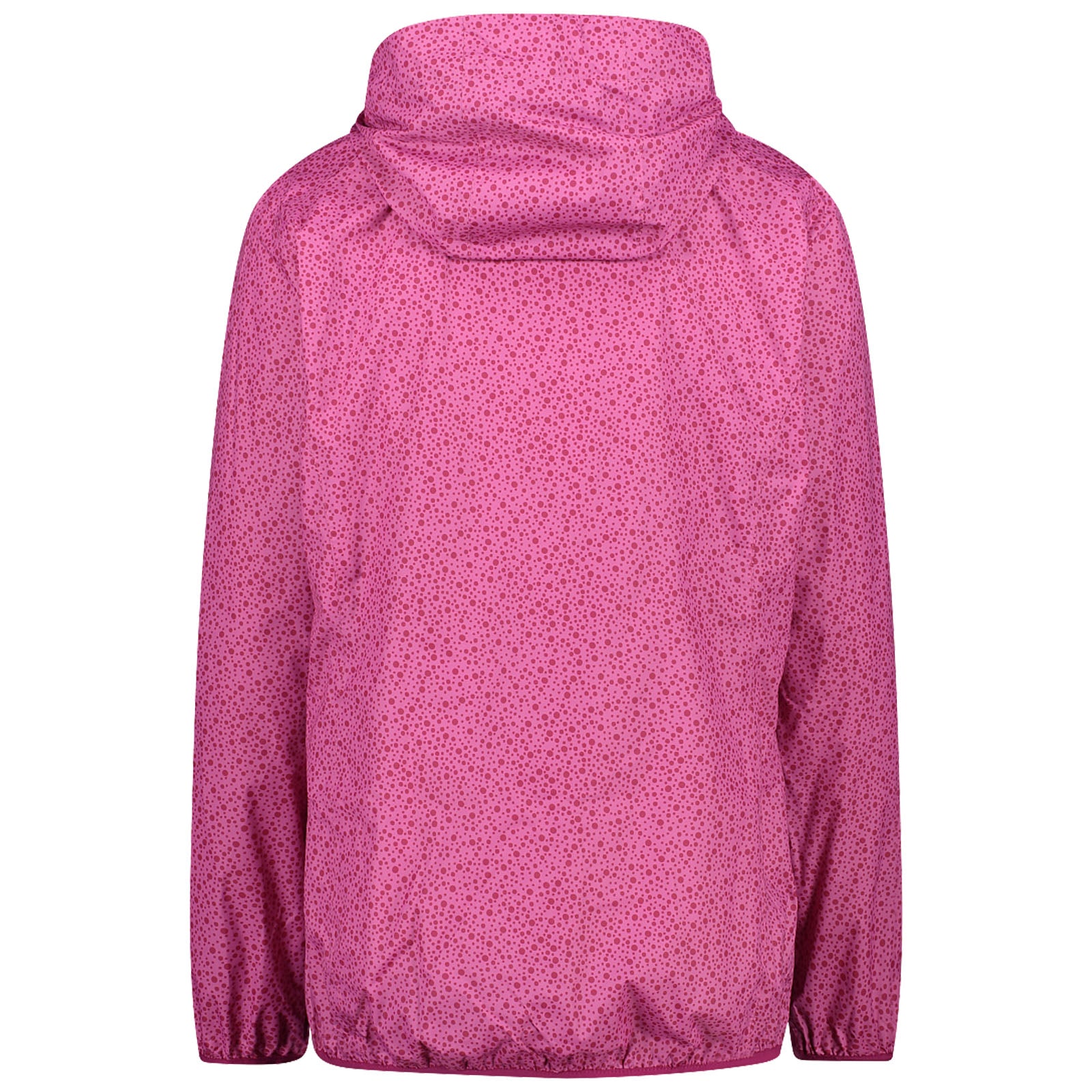 A pink jacket with a hood is displayed from the back featuring a dotted pattern throughout the fabric its sleeves are long and the hem is elasticized