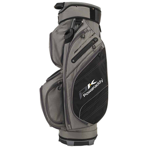 A golf bag stands upright featuring multiple compartments and pockets for storing clubs and accessories it has a sleek gray and black design with the logo Powakaddy visible.