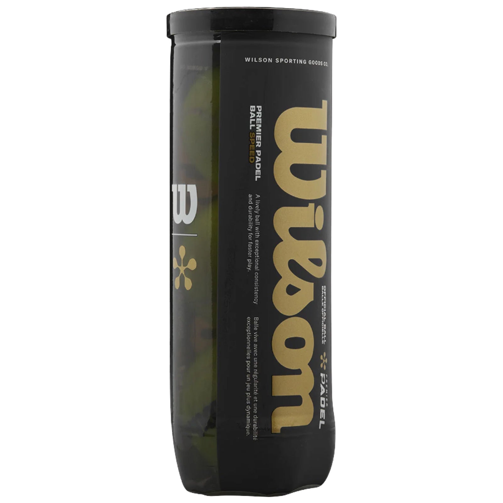 A cylindrical black container holds padel balls labeled Wilson Premier Padel Ball Speed showcasing a sleek design and vibrant graphics in gold and white against a dark background.
