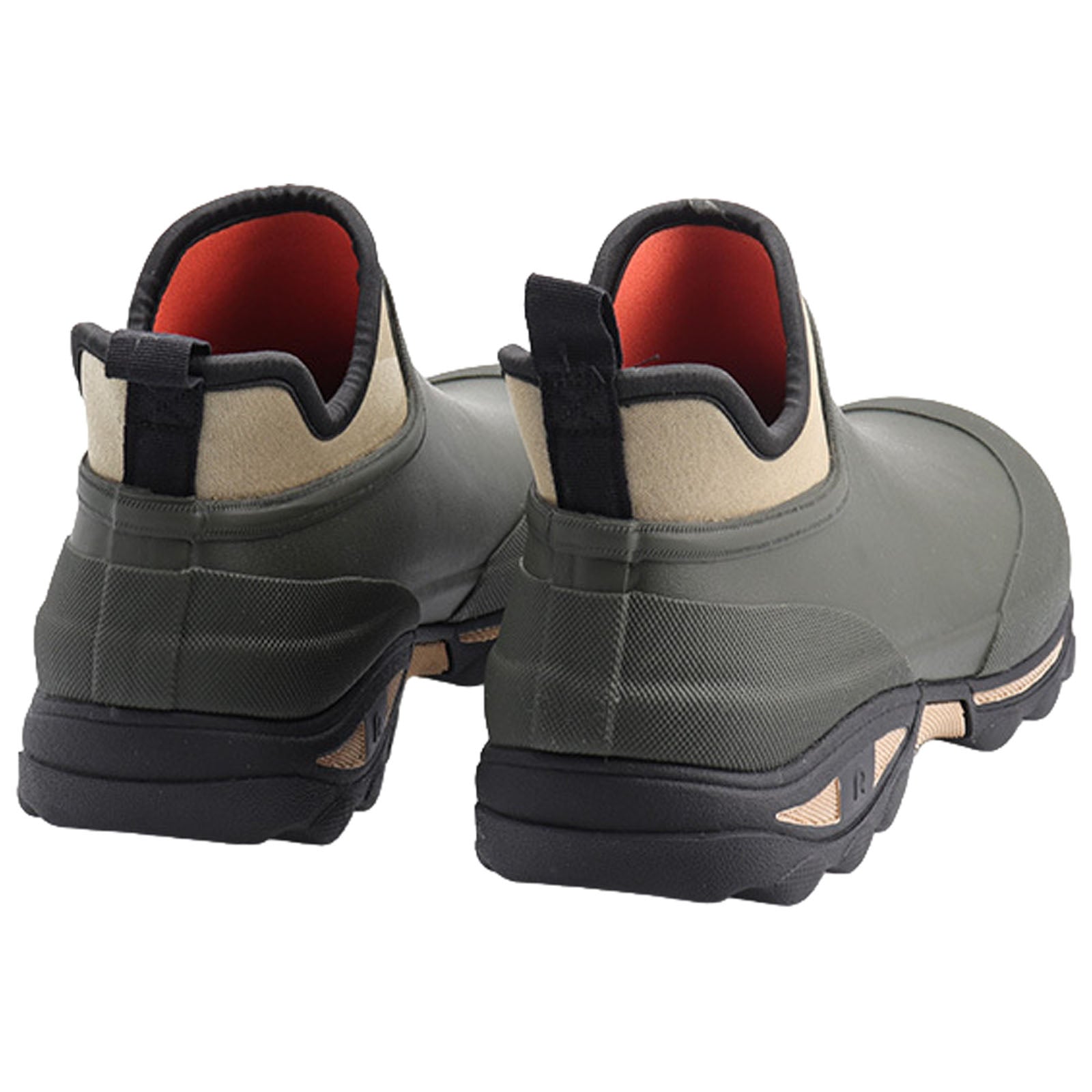 Rubber boots are displayed from a rear view with a green body and beige accents showcasing a sturdy sole and pull tab for easy wear in outdoor settings.