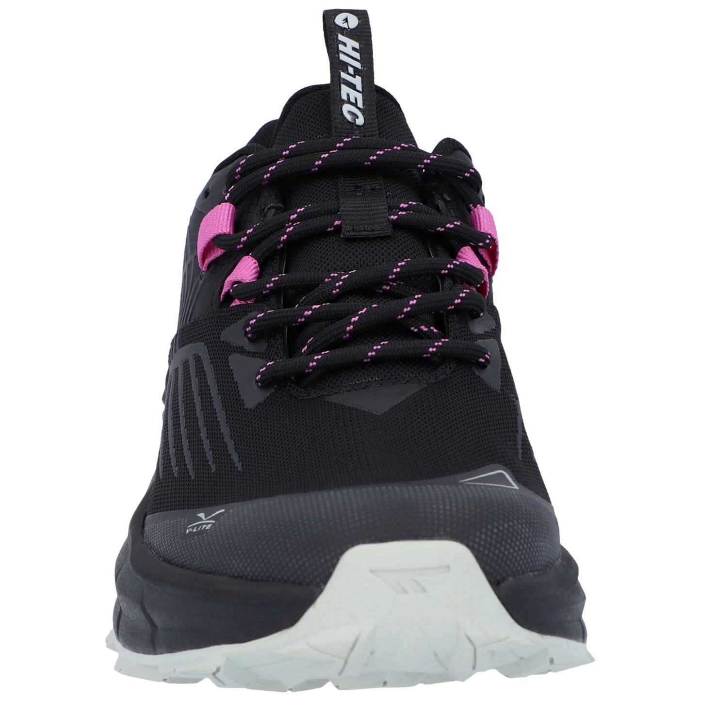 A black hiking shoe is centered and facing forward featuring pink accents and textured laces showcasing a rugged design suitable for outdoor activities against a plain white backdrop.