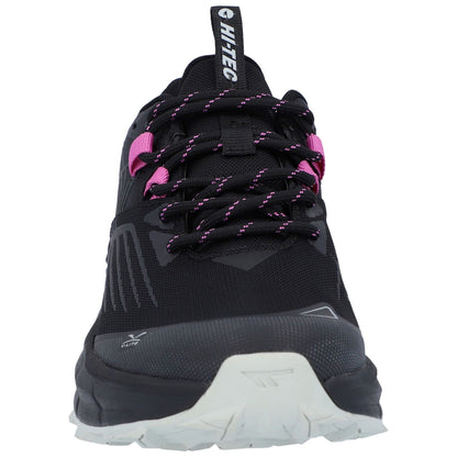 A black hiking shoe is centered and facing forward featuring pink accents and textured laces showcasing a rugged design suitable for outdoor activities against a plain white backdrop.