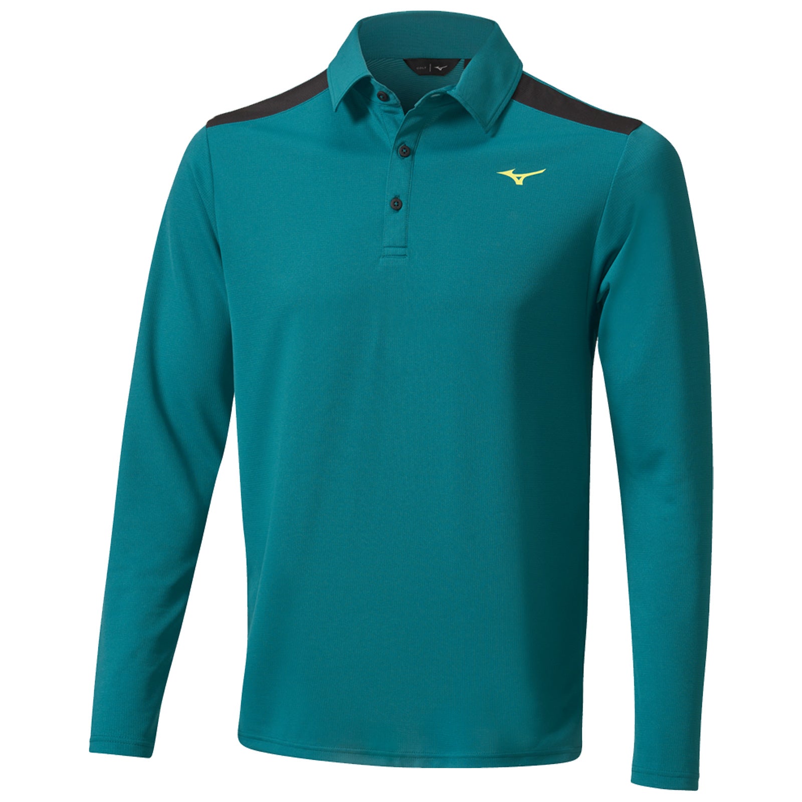 A turquoise long-sleeve polo shirt with a collar features black shoulder panels and a small yellow logo on the chest, suitable for casual or athletic wear.