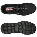 A black athletic shoe is displayed with a textured sole. The shoe features a slip-on design and laces, designed for comfort and support, likely presented on a plain background. The inner label reads "SKECHERS Slip-ins AIR COOLED MEMORY FOAM."