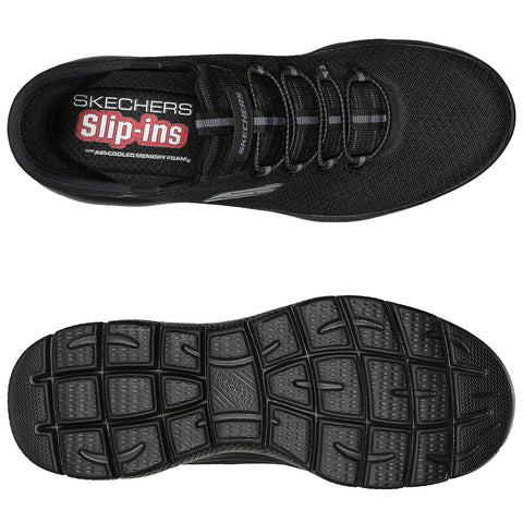 A black athletic shoe is displayed with a textured sole. The shoe features a slip-on design and laces, designed for comfort and support, likely presented on a plain background. The inner label reads "SKECHERS Slip-ins AIR COOLED MEMORY FOAM."