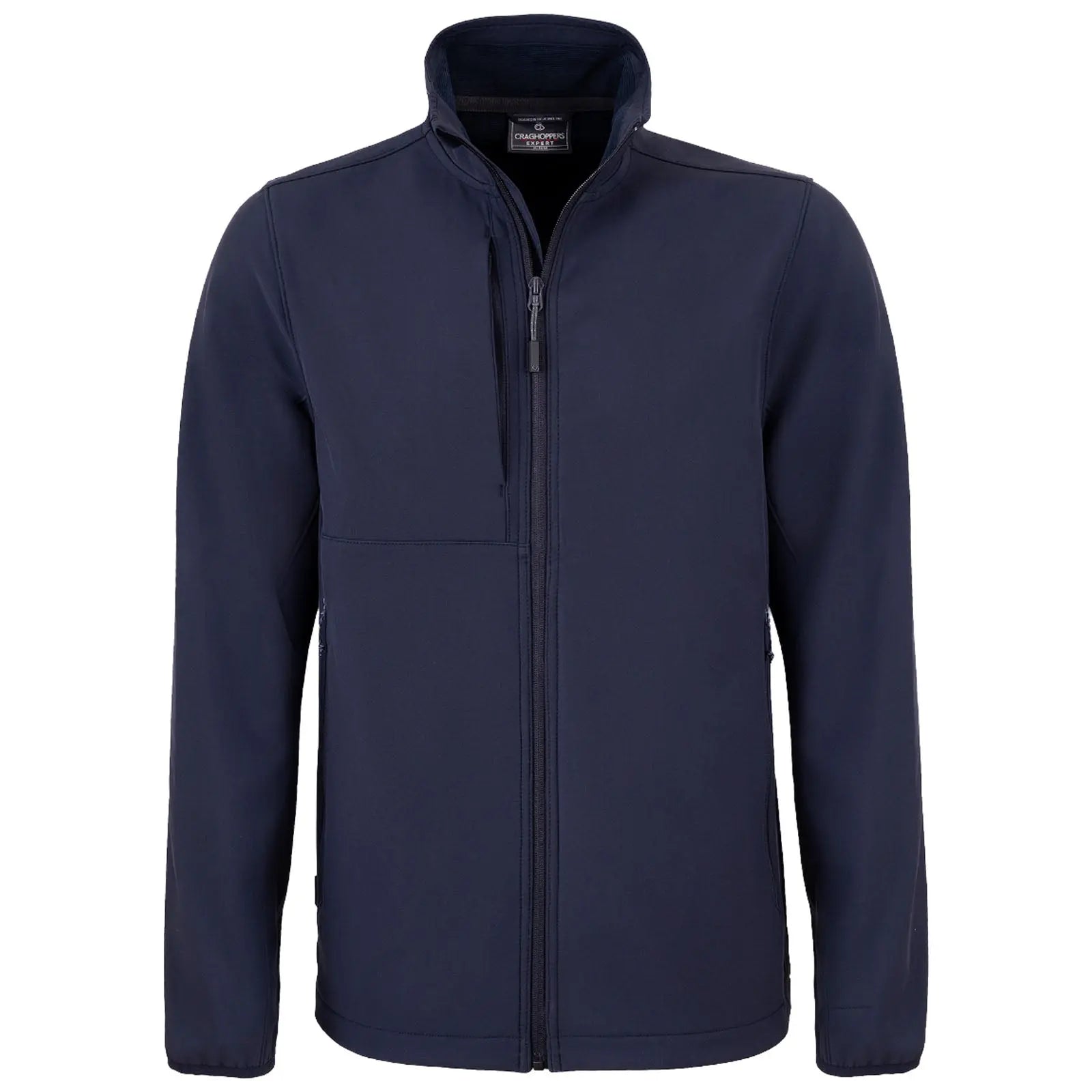 A navy blue jacket with a high collar features a front zipper and two side pockets designed for warmth and comfort in casual or outdoor settings.