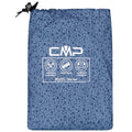 A blue waterproof storage bag with a drawstring top is displayed. The bag features icons and text indicating waterproof, taped seams, and windproof qualities with a water column rating of 5000 mm.