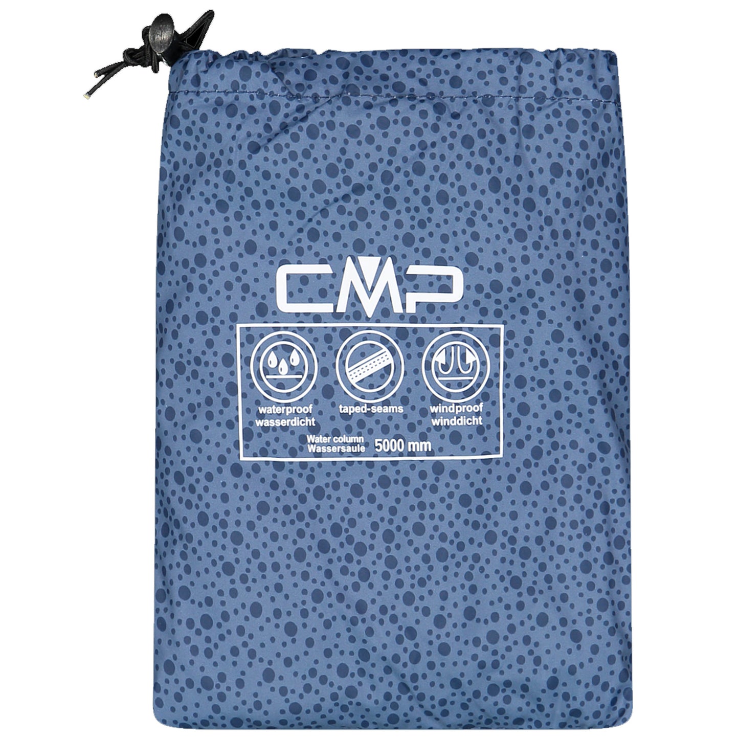 A blue waterproof storage bag with a drawstring top is displayed. The bag features icons and text indicating waterproof, taped seams, and windproof qualities with a water column rating of 5000 mm.