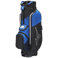 A golf bag in black and blue features multiple pockets and a structured top for holding clubs providing a practical storage solution for golfers on the course.