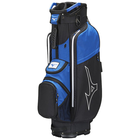 A golf bag in black and blue features multiple pockets and a structured top for holding clubs providing a practical storage solution for golfers on the course.