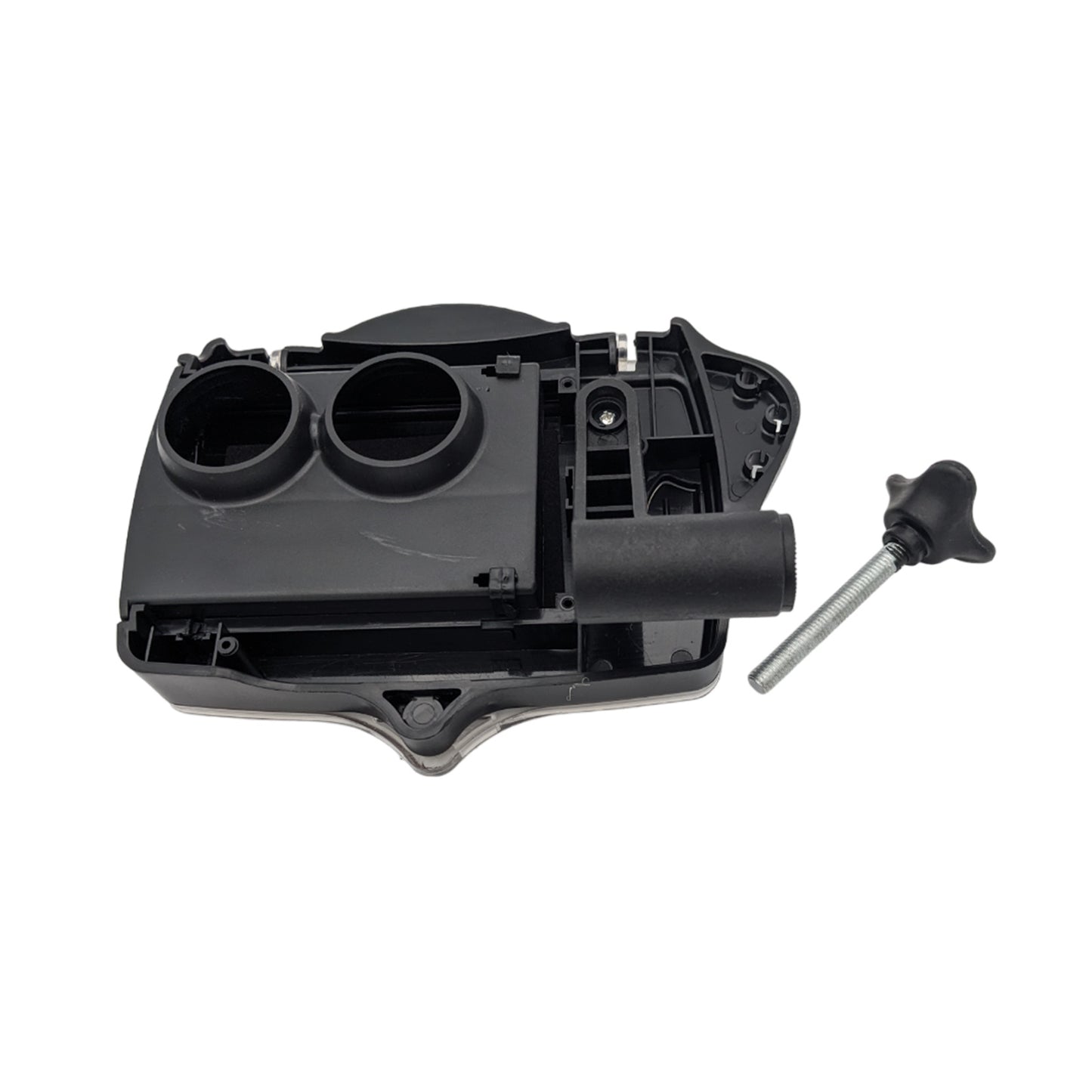 A black plastic component features two cylindrical openings and a handle attached to a metal rod resting beside it in a neutral background setting.