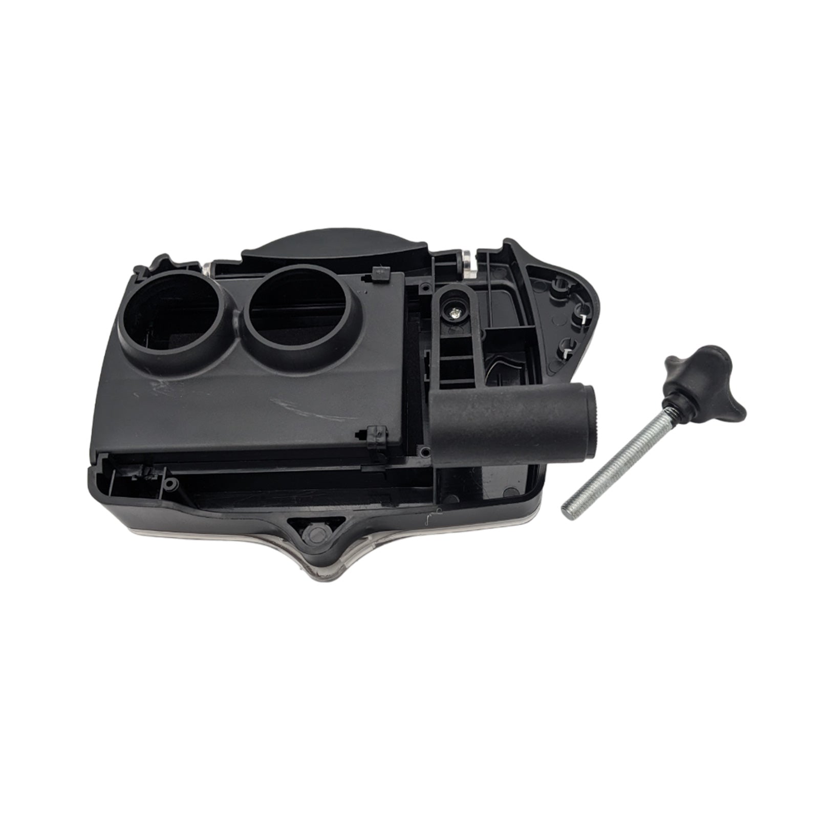 A black plastic component features two cylindrical openings and a handle attached to a metal rod resting beside it in a neutral background setting.