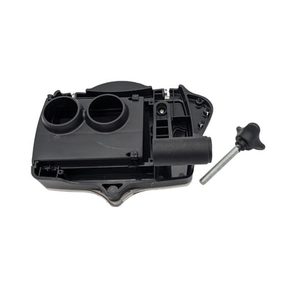 A black plastic component features two cylindrical openings and a handle attached to a metal rod resting beside it in a neutral background setting.