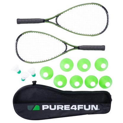 Two badminton rackets lie next to a black bag labeled PURE4FUN surrounded by four shuttlecocks and eight green plastic cones on a plain background