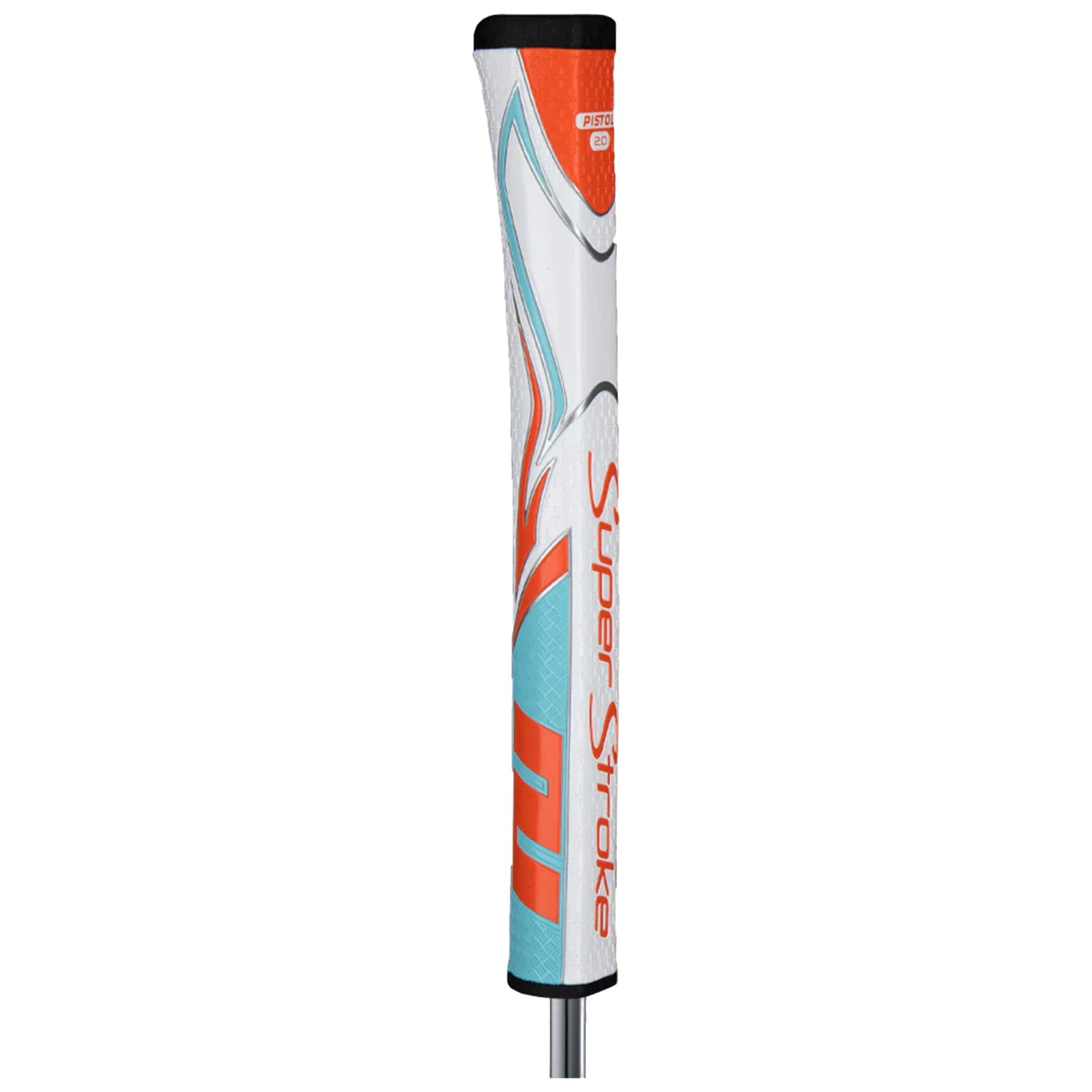 A white golf putter grip with red and blue accents stands vertically against a plain background displaying the brand name Super Stroke and model details including Pistol 2D