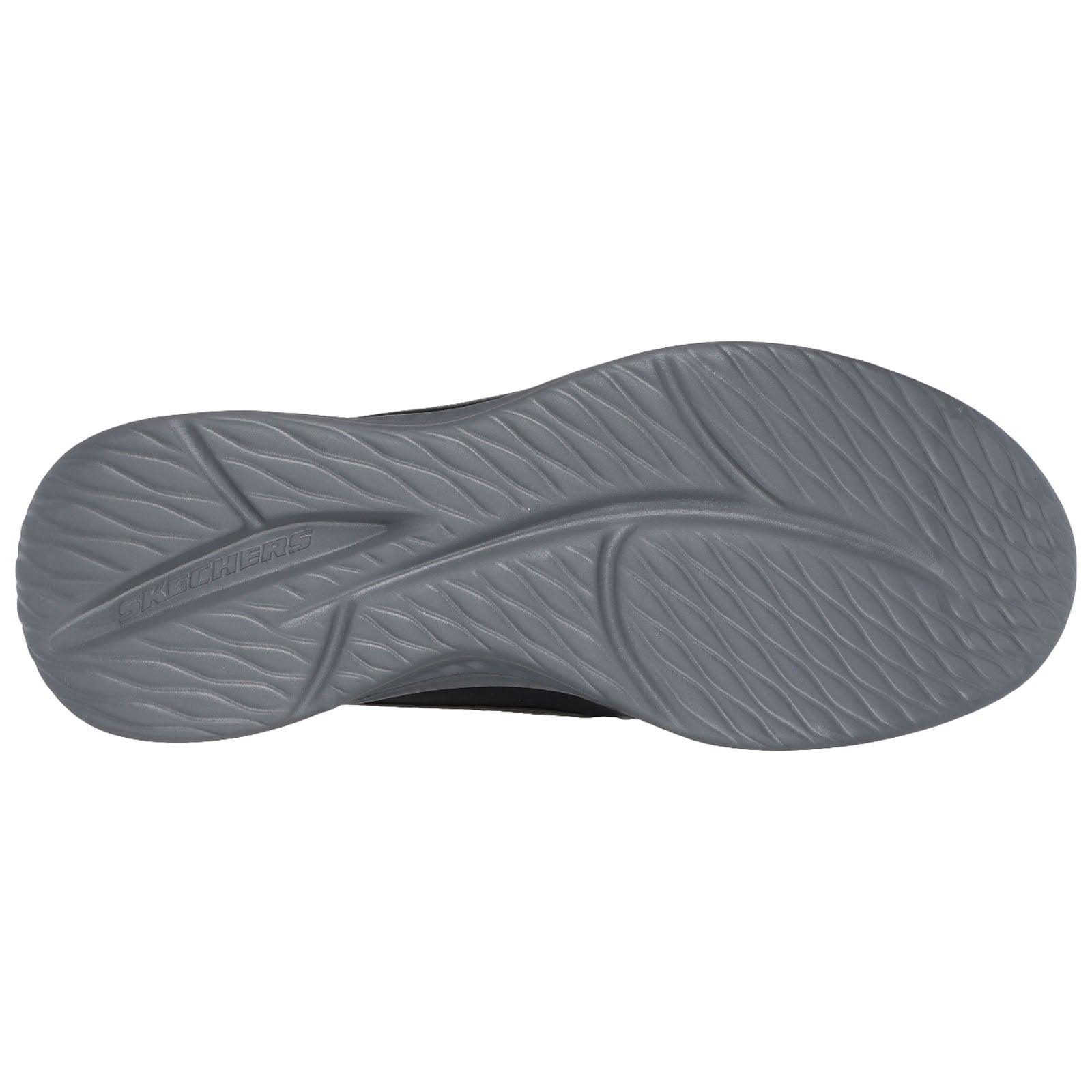 A gray shoe sole features textured patterns and the embossed name Skechers prominently displayed on its side, showcasing its design for traction and comfort in various environments.