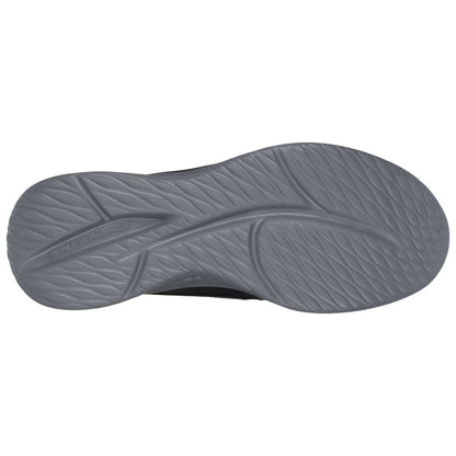 A gray shoe sole features textured patterns and the embossed name Skechers prominently displayed on its side, showcasing its design for traction and comfort in various environments.