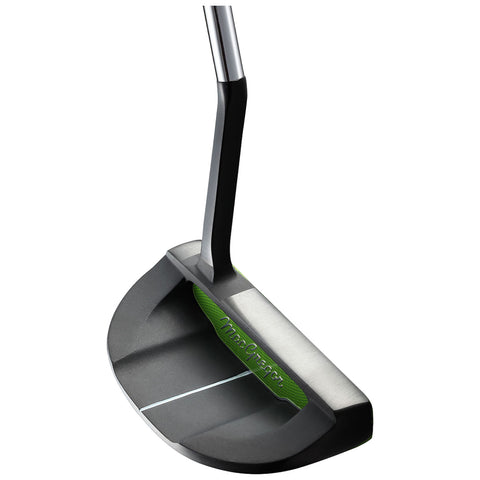 A golf putter is positioned upright showcasing its flat face and angular design with a green accent. It is designed for precise strokes on the putting green.
