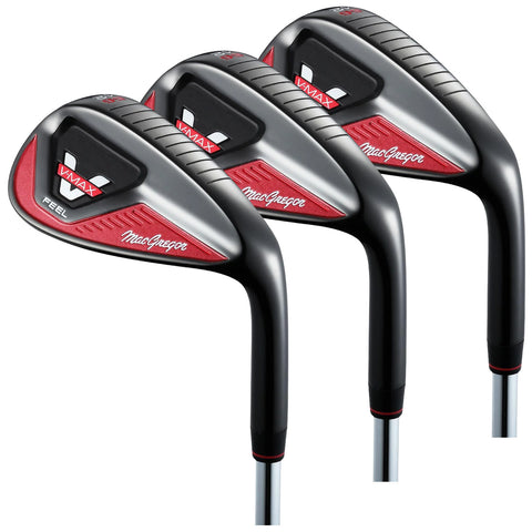 Three golf clubs are displayed in a row with sleek black and red designs showcasing the brand MacGregor and model VMAX. They are designed for use in golfing contexts.
