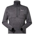 A gray pullover with a quarter zip features a high collar and long sleeves positioned on a neutral background showcasing its design and material texture.