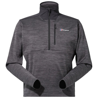 A gray pullover with a quarter zip features a high collar and long sleeves positioned on a neutral background showcasing its design and material texture.