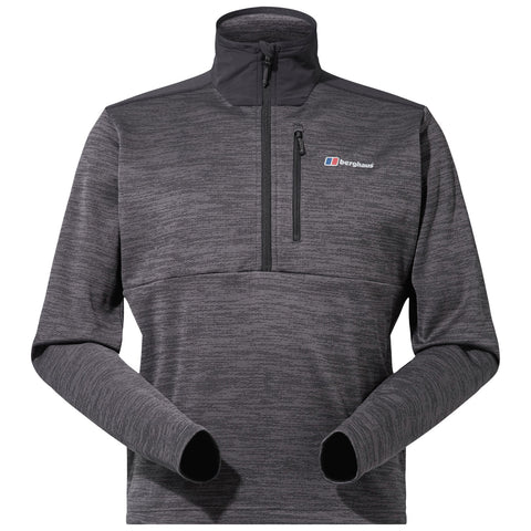 A gray pullover with a quarter zip features a high collar and long sleeves positioned on a neutral background showcasing its design and material texture.