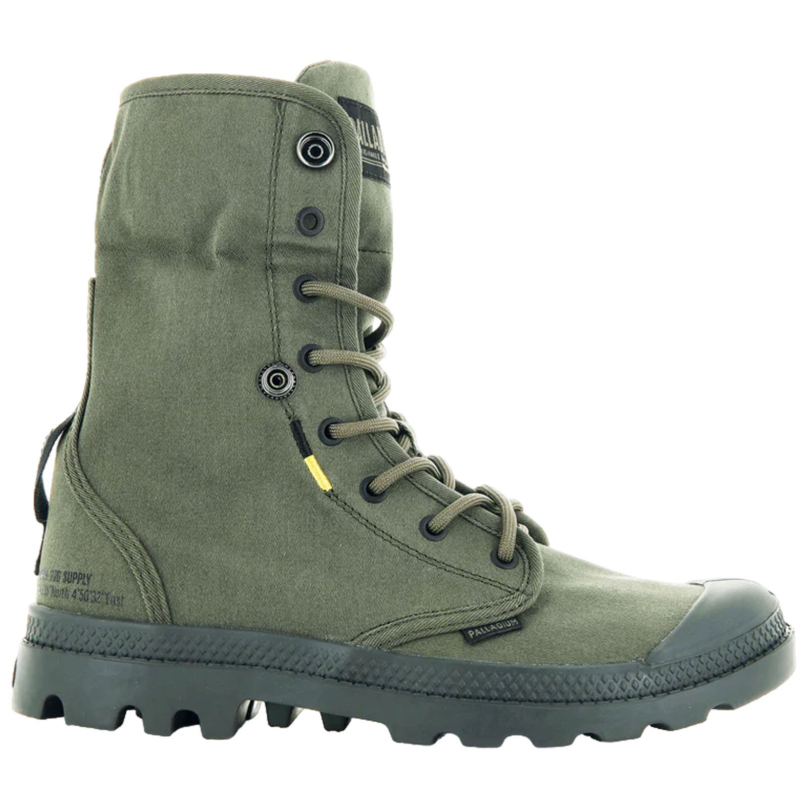 A green mid-calf boot is displayed with laces up the front and a rugged sole. It features reinforced stitching and metal eyelets, intended for outdoor use or rugged activities.